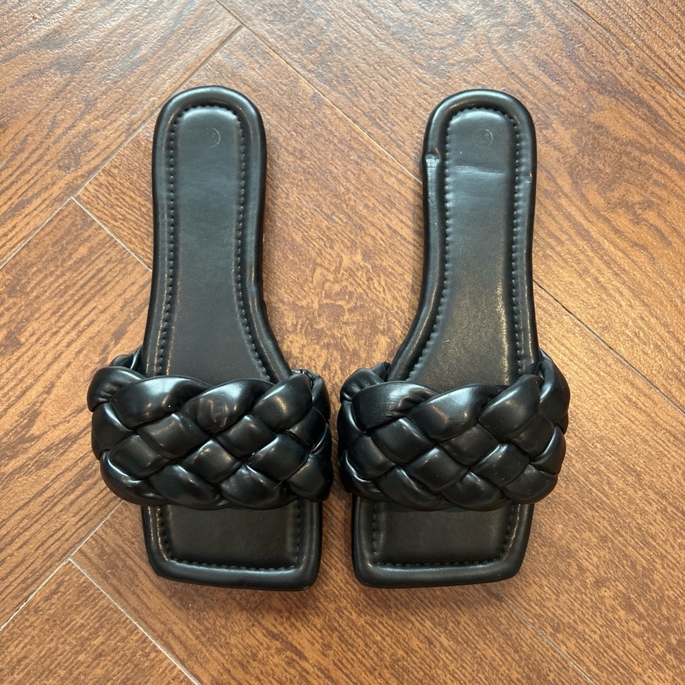 Black Braided  Square Toe Slide Sandals - Women's Comfortable Fashion Slides